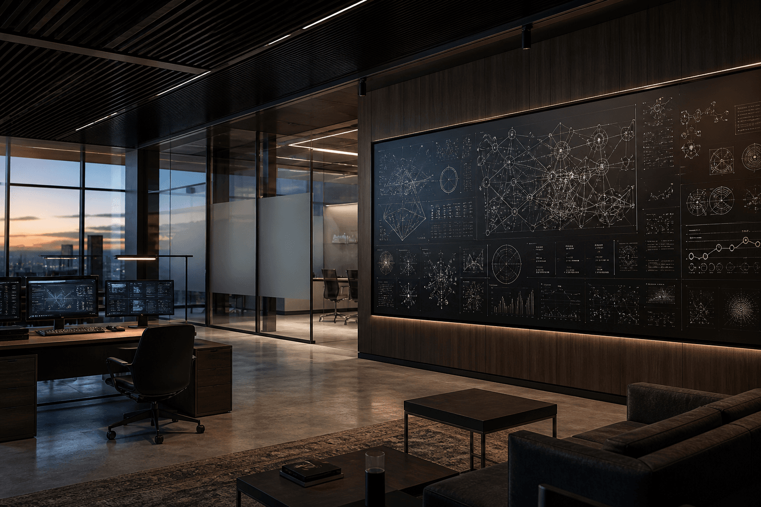 Enterprise workspace with abstract intelligence diagrams on glass