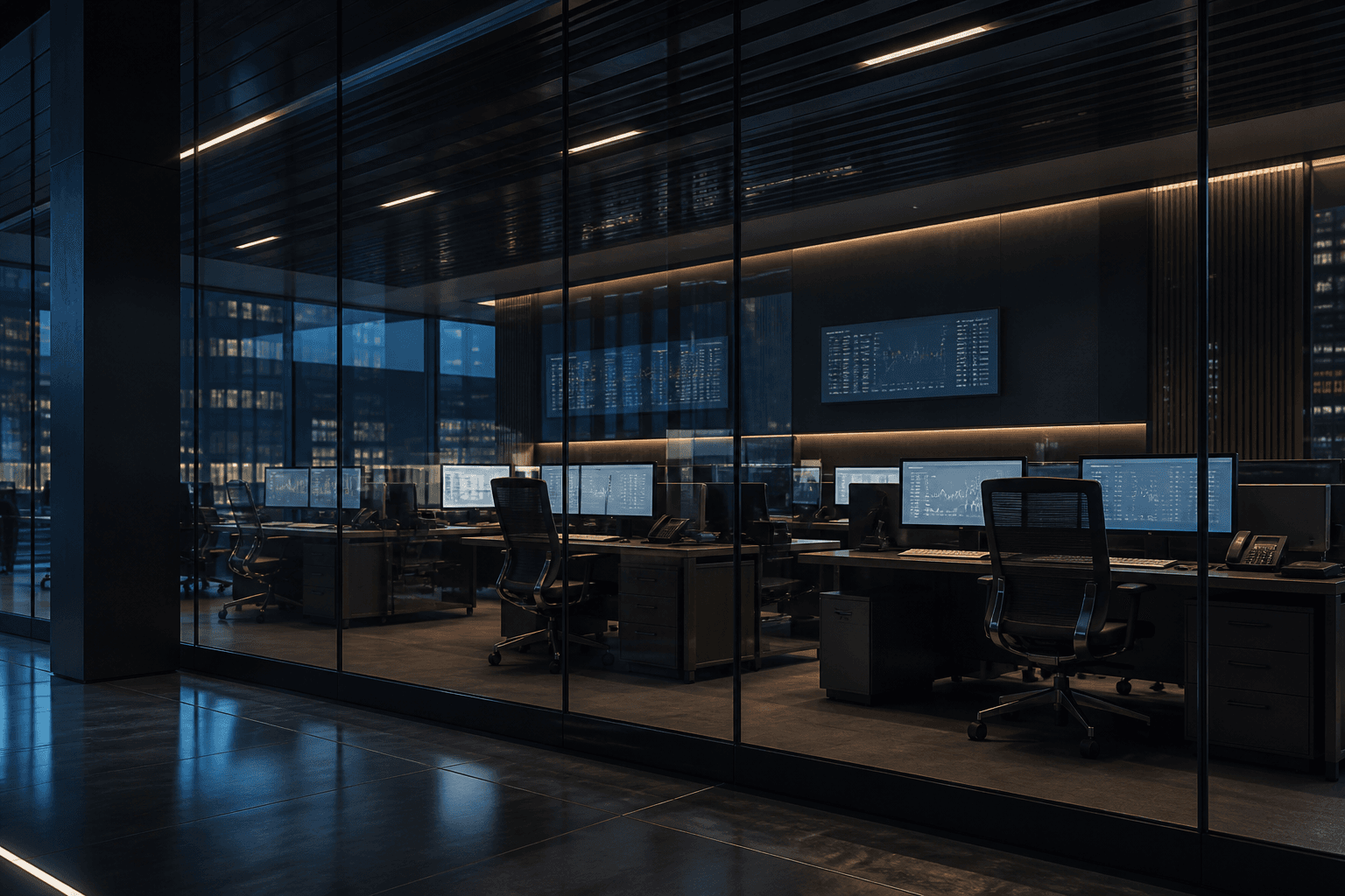Quiet operations room with muted financial monitors