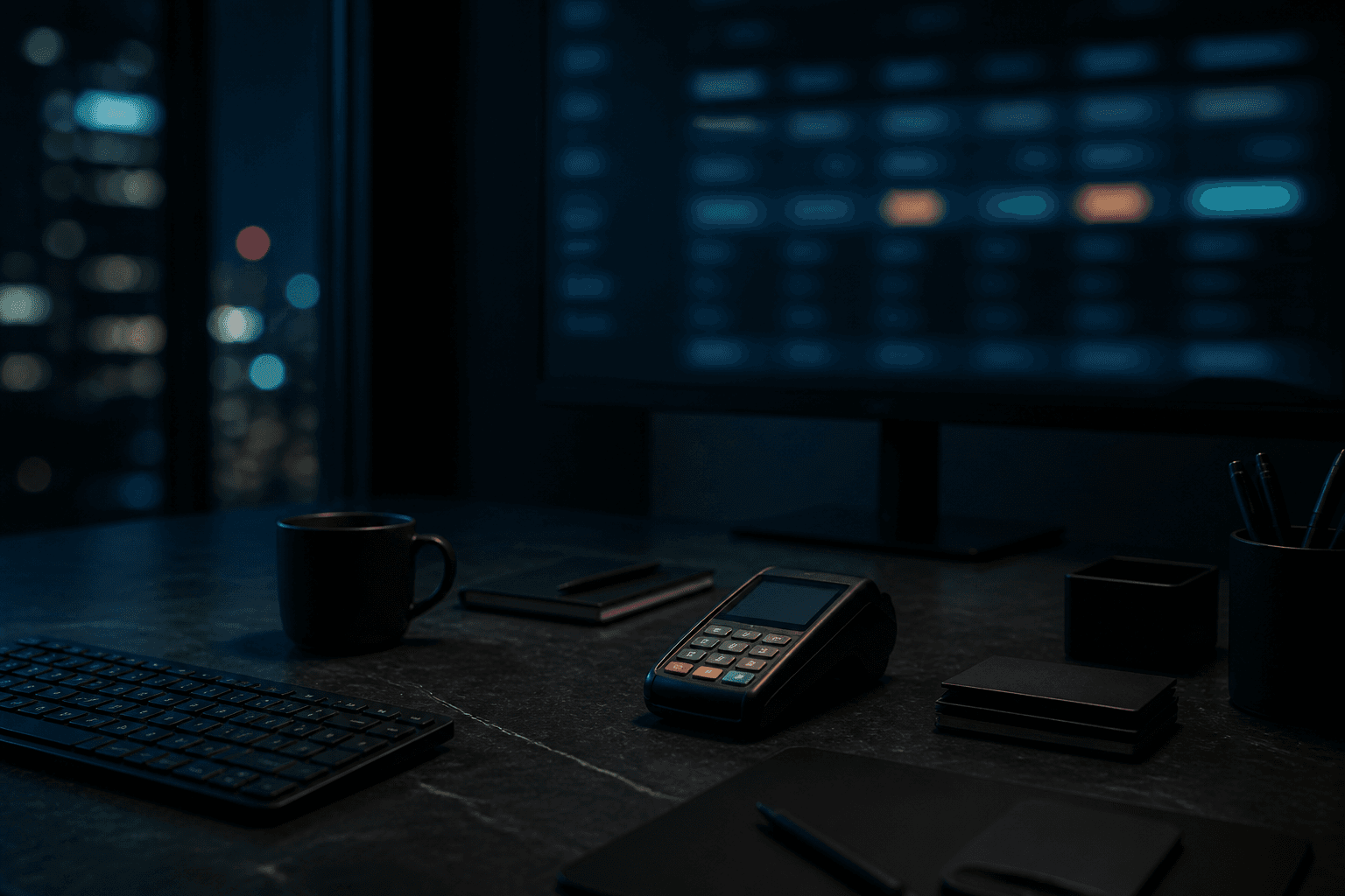 Payment operations desk with a blurred status monitor