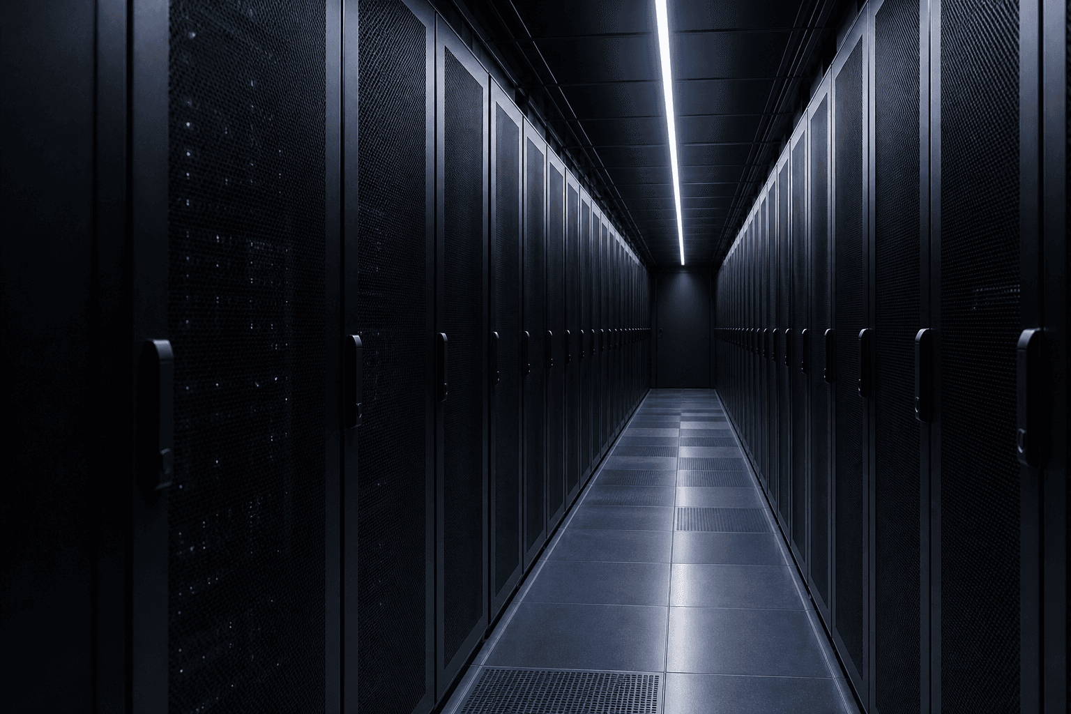 Secure server corridor with cool aisle lighting
