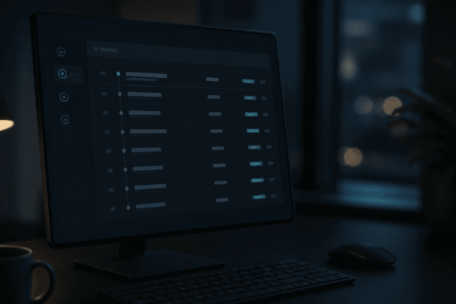 Transaction timeline interface glowing on a dark desktop