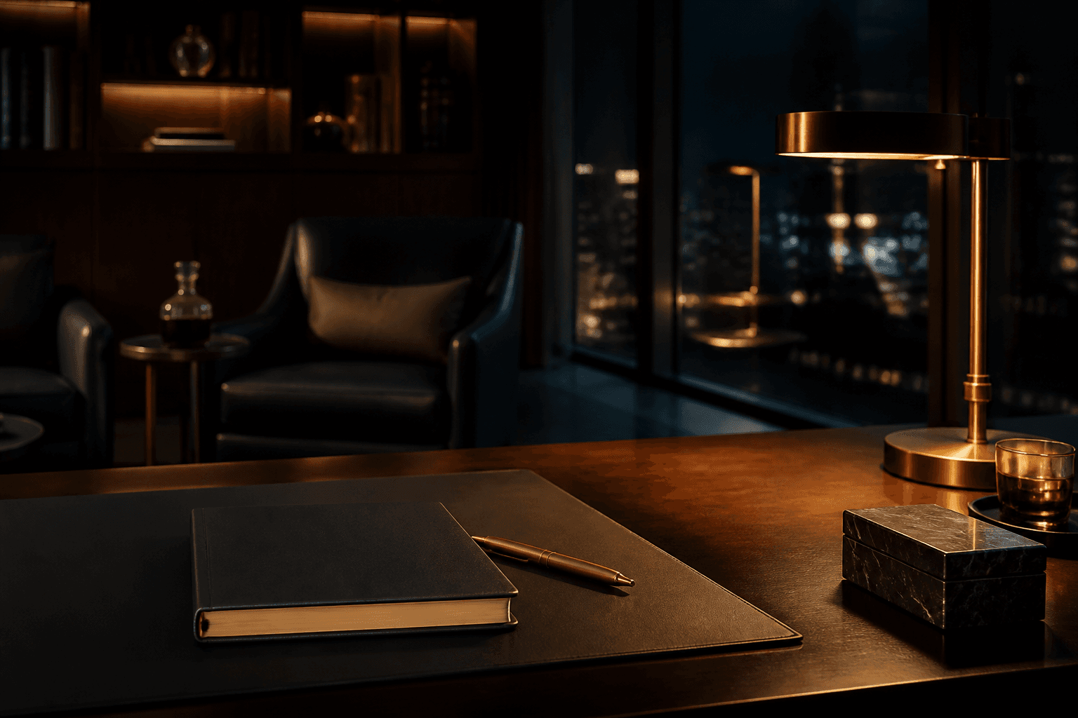 Quiet desk with a closed notebook and city glass
