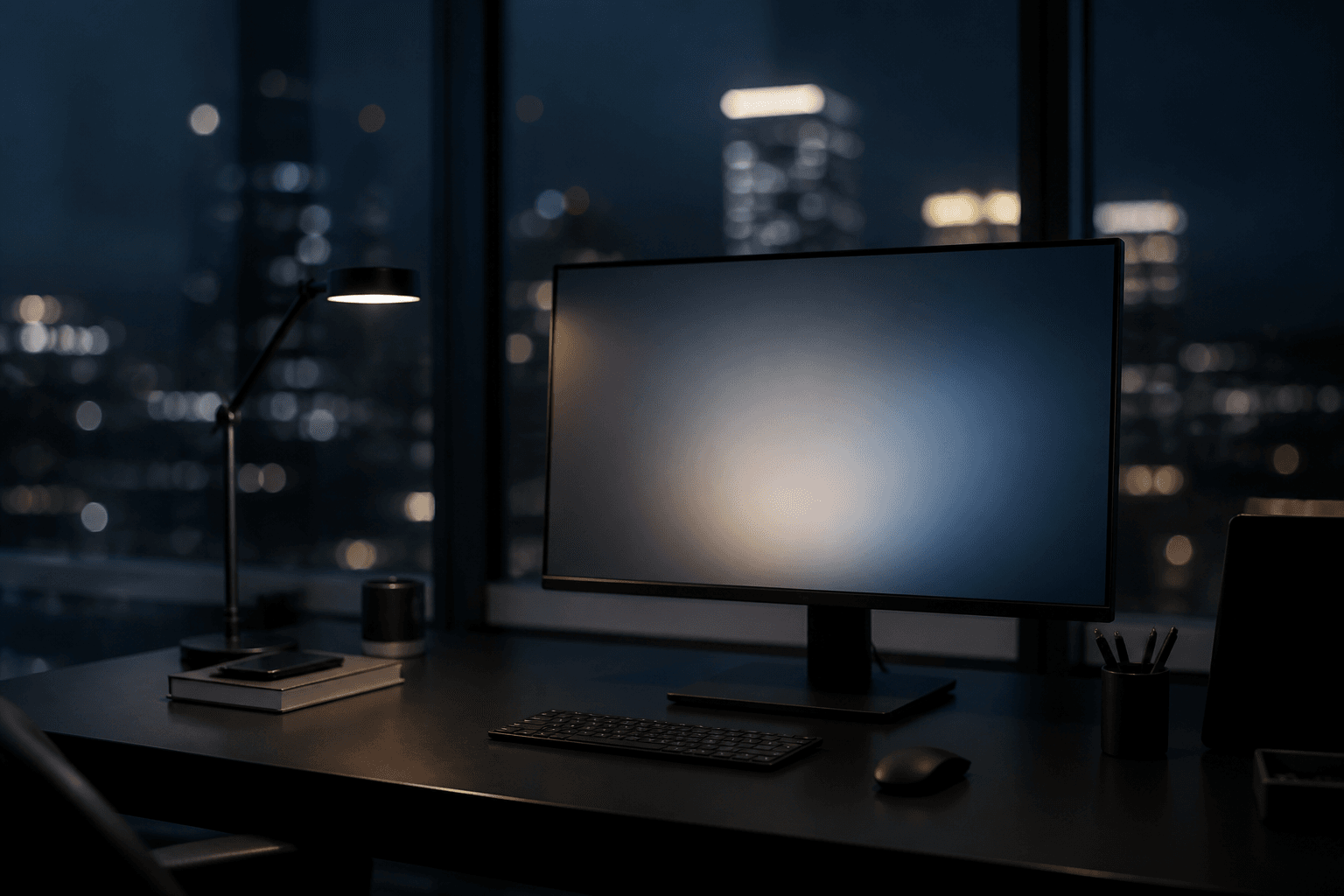 Dark product studio with a single glowing display